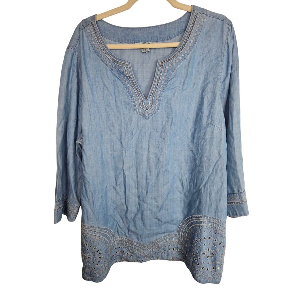 Tommy Bahama Womens Embroidered Chambray Tunic Sz XL Resort Coastal Preppy Beach